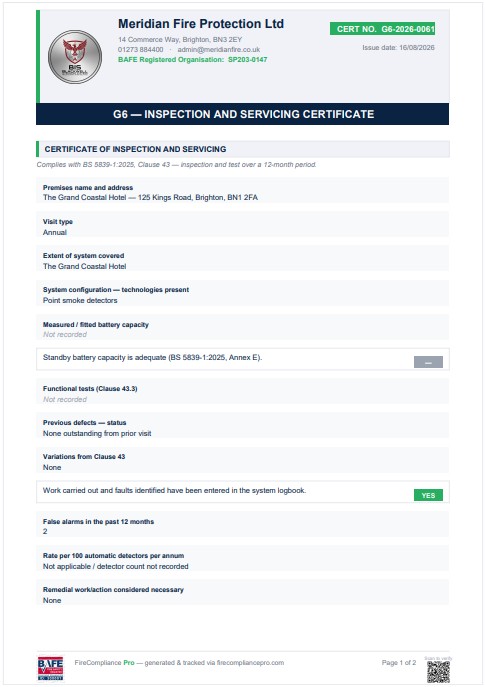A real G6 Inspection and Servicing certificate issued by FireCompliance Pro, with the contractor's own logo in the header