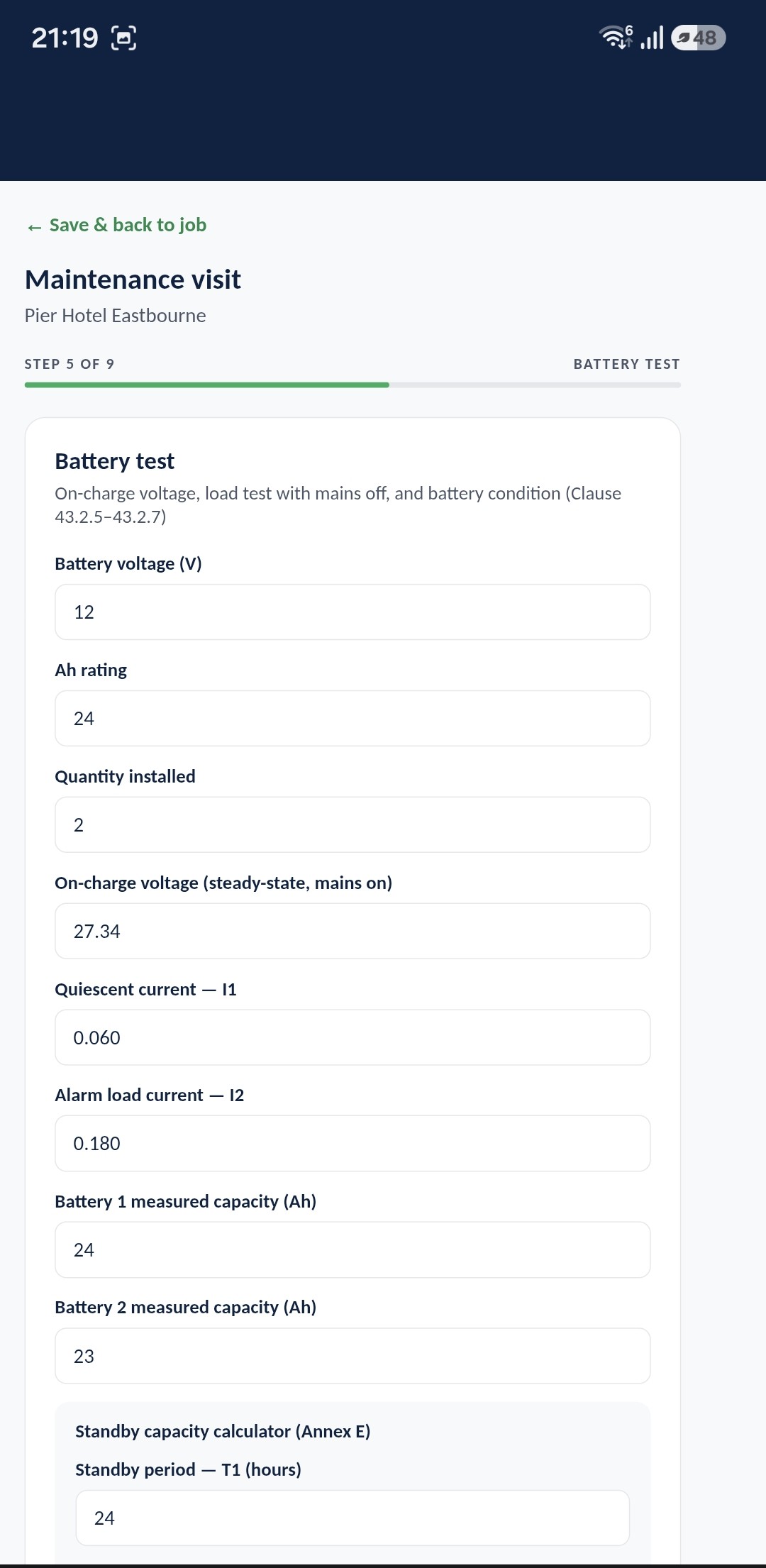 Engineer mobile view mid-visit, showing the Annex E battery capacity calculator