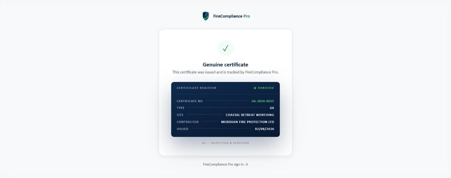 The public /verify page confirming a certificate is genuine and tracked by FireCompliance Pro